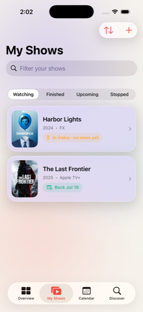 My Shows list in Back On Air: Harbor Lights marked In limbo, no news yet, and The Last Frontier marked Back Jul 18.